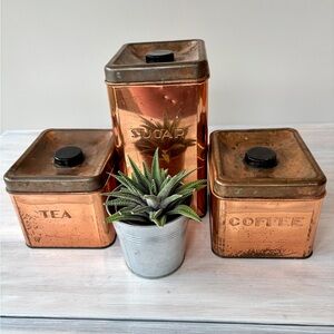 Vintage Copper Canister Set of Three (Coffee • Tea • Sugar).